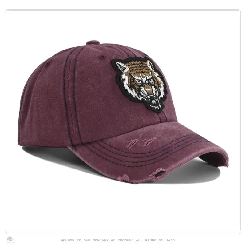 

Unisex Washed Tiger Head Cotton Retro Animal Baseball Caps Women Sun Hat Men Outdoor Fishing Hats Embroidered Gorros вина червоного кольору