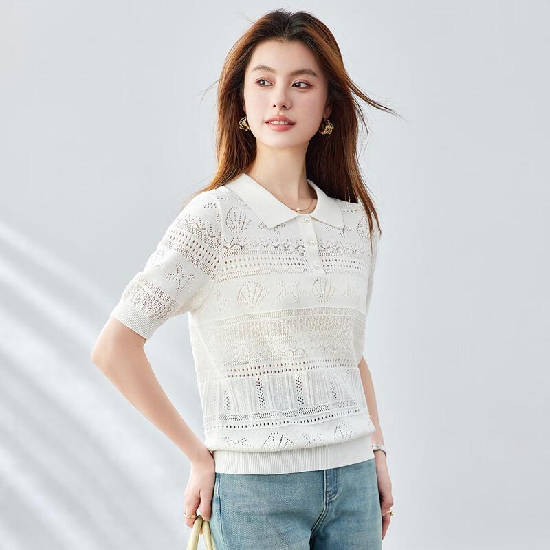 CARBAMMI Women's Short Pure Cotton Hollow Knit Polo T-Shirt
