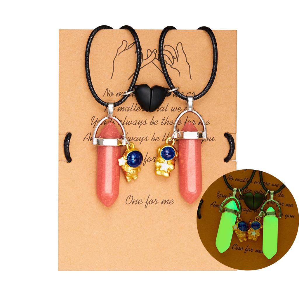 2PCS Luminous Hexagonal Column Couple Necklace for Women Men Astronaut Magnetic Heart Natural Stone Choker Lover Charm Jewelry