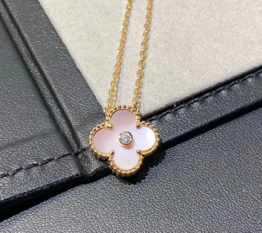 18K Gold-Plated V Design Four-Leaf Clover Necklace with Rose Red Chalcedony, Agate, and White Shell Pendant