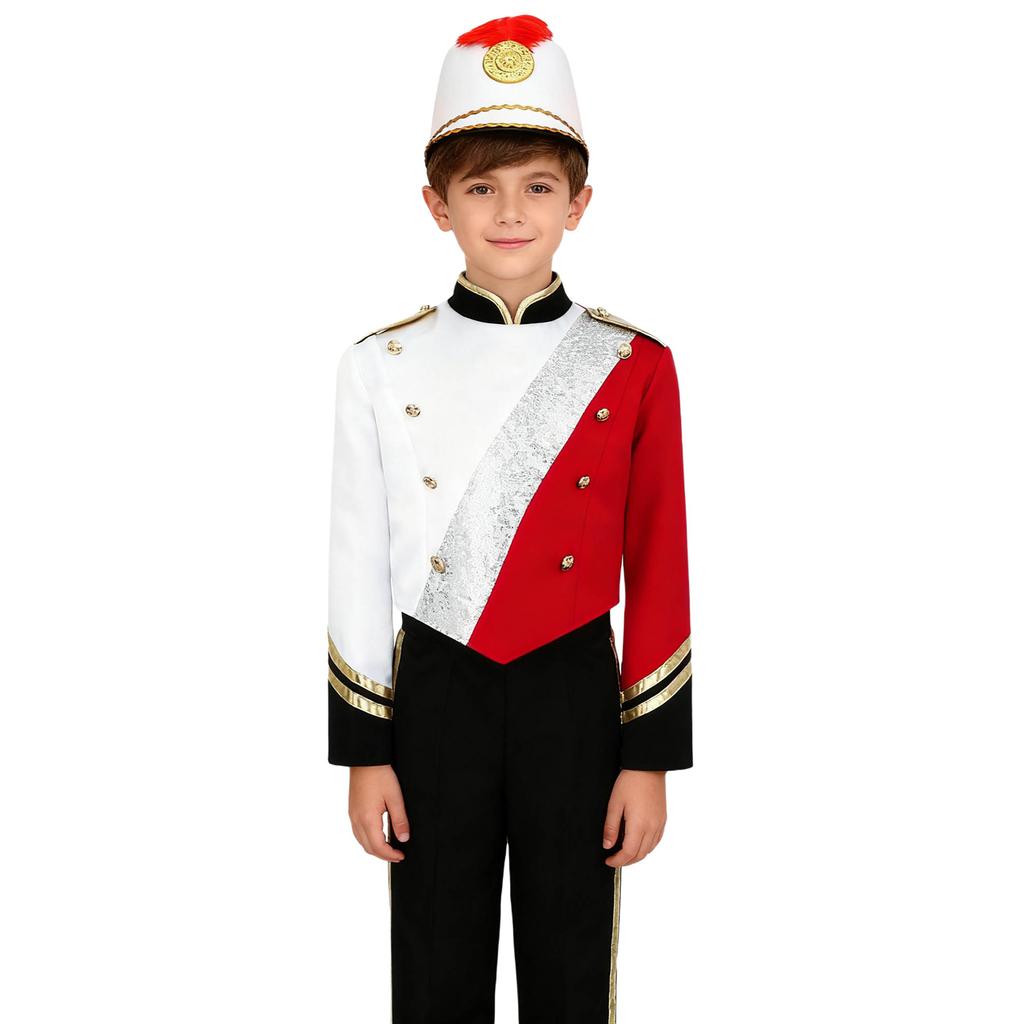 Boys Marching Band Uniform Stand Collar Long Sleeve Sequins Patchwork Color Block Design Epaulets Buttons Hat Set