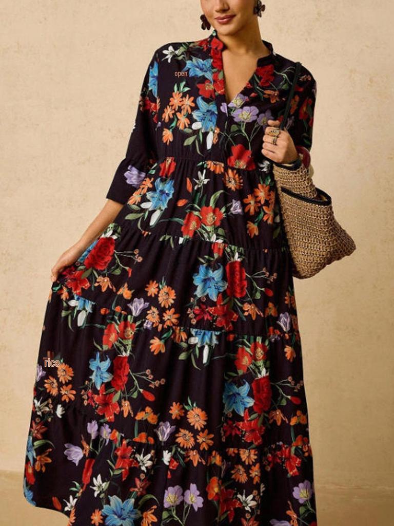 Plus Size Bohemian V-neck Long Dress - Spring/Summer European American Ethnic Style