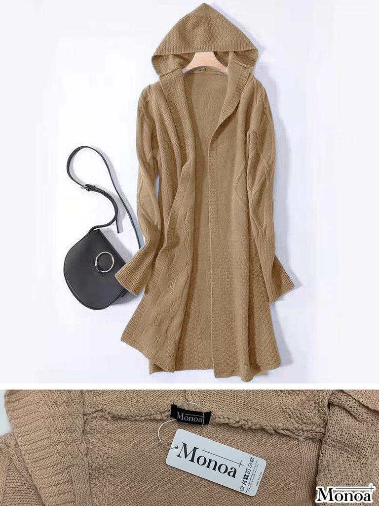 Monoa Hooded Long Size F Women's Cardigan, Sleeve, Low-Gauge Knit, Buttonless, Beige, n1587,