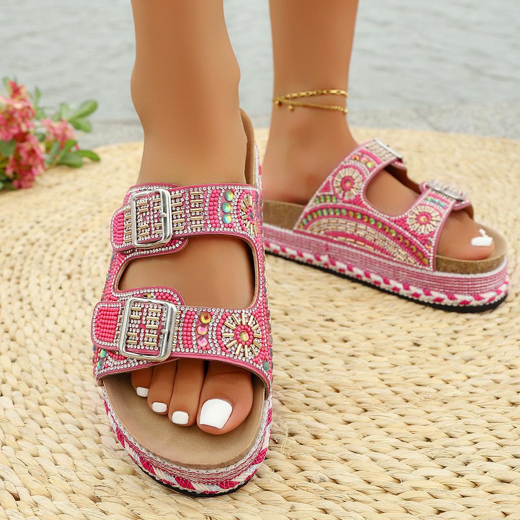 New Summer Rhinestone Platform Slippers - Women’s Plus Size Belt Buckle Slides for Outdoor Wear