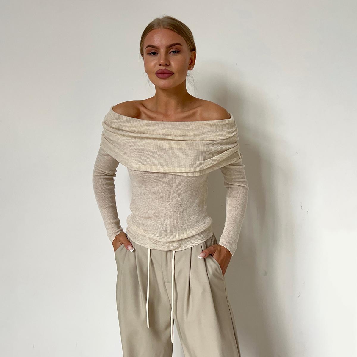 

2025 Лето Женский Длинный Рукав С Открытыми Плечами Вязаный Свитер Лодочка Вырез L бежевый