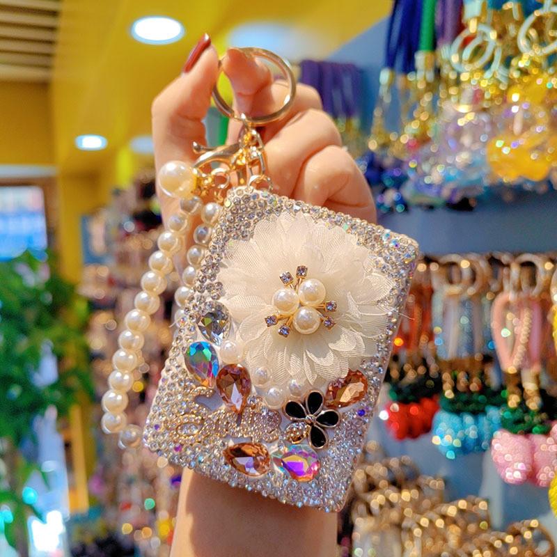 Modern Minimalist Glass Compact Mirror Keychain With Rhinestones For Travel And Daily Makeup