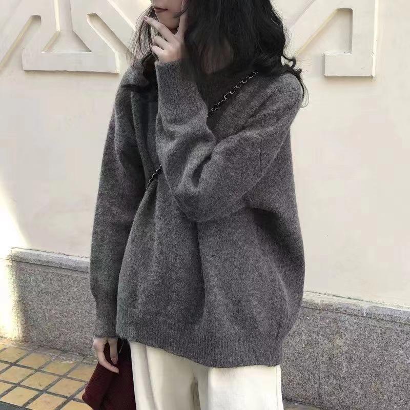 

College Long Sleeve Knitted Sweater with Crew Neck Top Retro Lazy Loose Outer Wear Plus Sweater Women average size серый