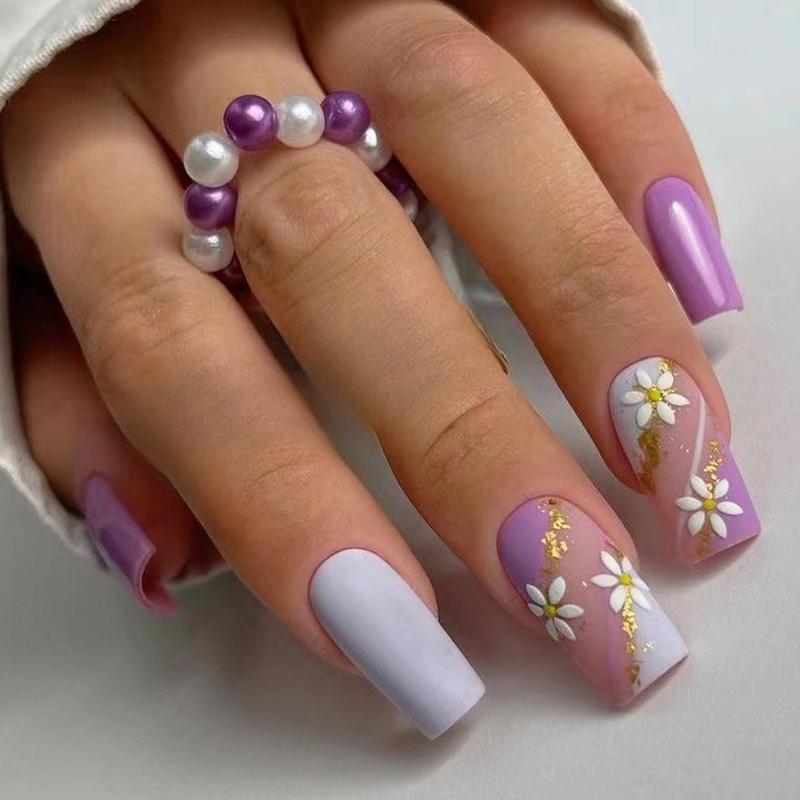 24Pcs Pink Flower Square Fake Nails With Glue Cute White Artificial Press On Acrylic Nails Wearable False Nails