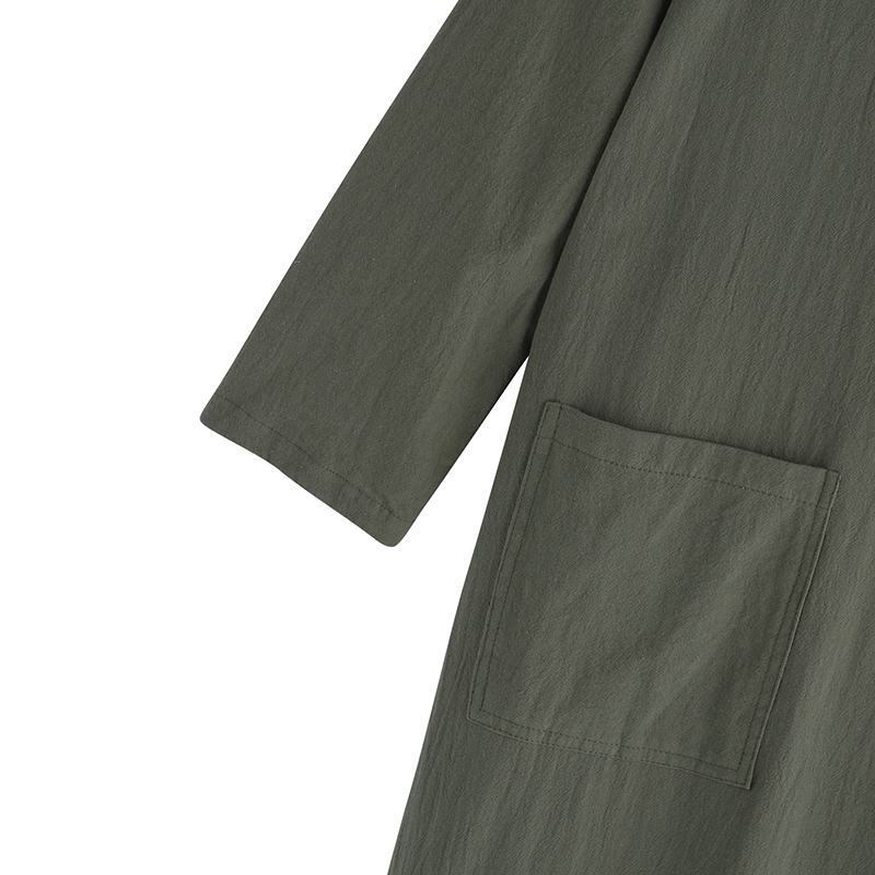 Abito midi in cotone e lino taglie forti da donna con tasche - Abito artistico vintage a maniche lunghe in stile giapponese per donne taglie forti