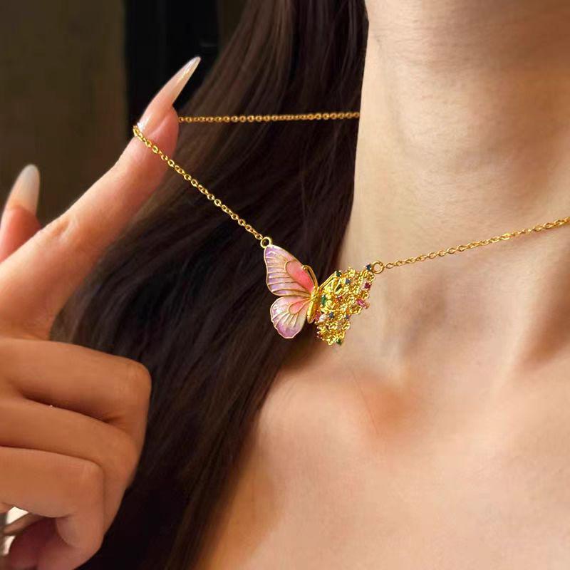 Blue-Fired Filigree Butterfly Pendant Necklace with Gold Enamel, Light Luxury Courtly Style.