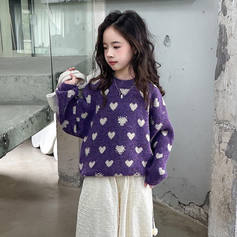 

Осень 2025 г. Девочки Корейский стиль Толстый вязаный свитер - Универсальный и теплый с дизайном Любовь 130 cm