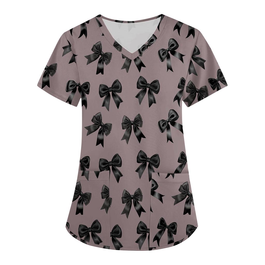 Women's Cute Bow Printed Work Clothes V-neck Double Layer Pockets Basic Short Sleeve Top Pullover