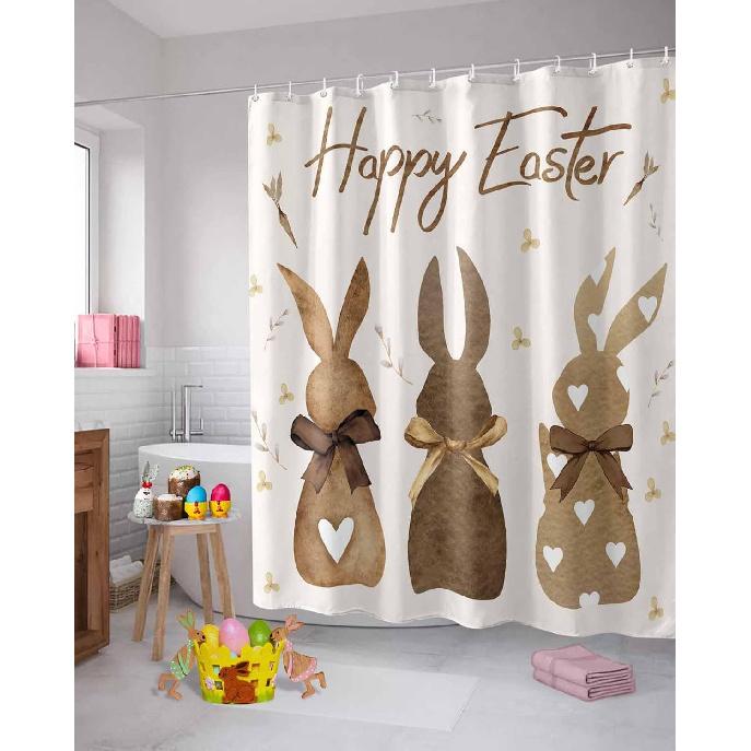 Happy Easter Shower Curtain Bunny Bathroom Curtains with Hooks, Waterproof Fabric Flower Carrot Rabbit Shower Curtains Set for Bathroom Bathtubs