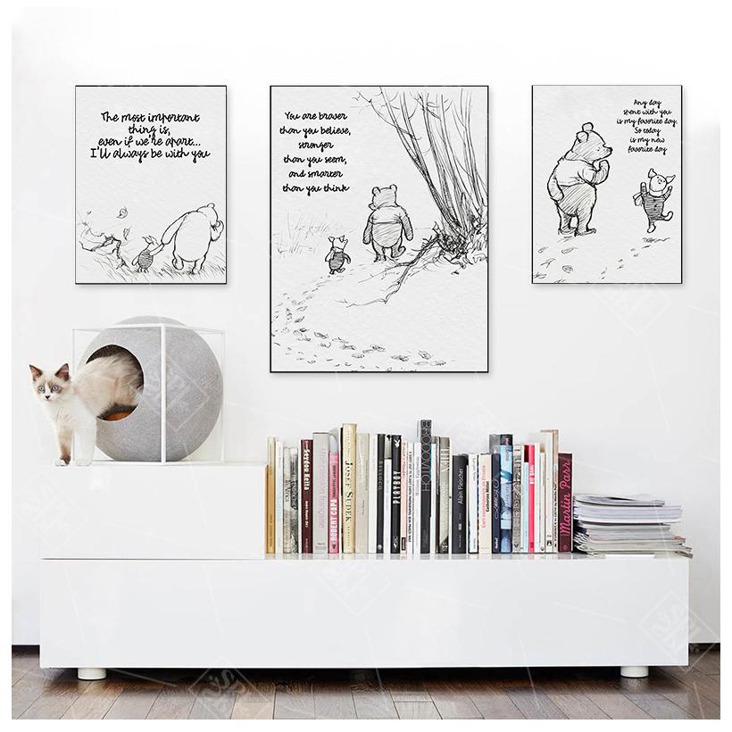 Winnie The Pooh Quotes Canvas Posters and Prints Classic Cartoon Movie Art Painting Black White Picture Kids Room Wall Art Decor