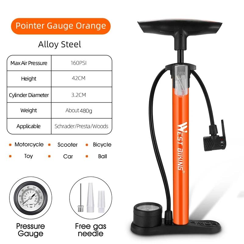 WEST BIKING Bike Pump With Gauge 160PSI High Pressure Hand Pump Schrader/Presta Valve Tire Inflator MTB Road Bike Accessories
