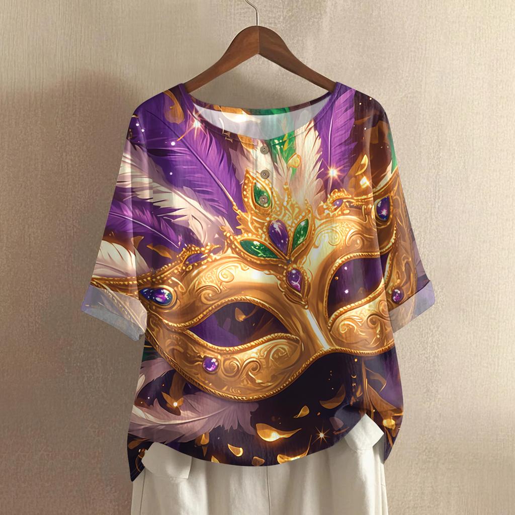 Women's Fashionable And Casual Shirt Half Sleeve Round Neck Print Cotton And Linen Blouse Top