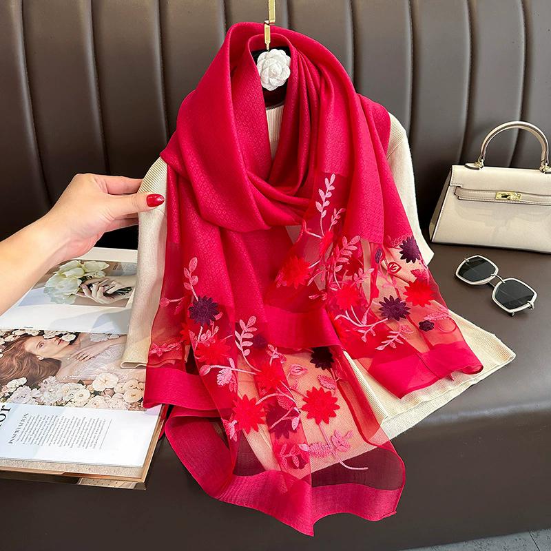 Floral Embroidery Elegant Silk Scarf Simulated Silk Soft Thin Shawl Scarf Solid Color 180*70Cm Beach Uv Protection Turban