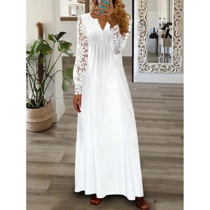 

Весна и лето Повседневные женские платья больших размеров Модные принтованные кружевные длинные рукава Свободные платья Женские элегантные винтажные длинные платья для отдыха на пляже 26518 5XL чистый белый