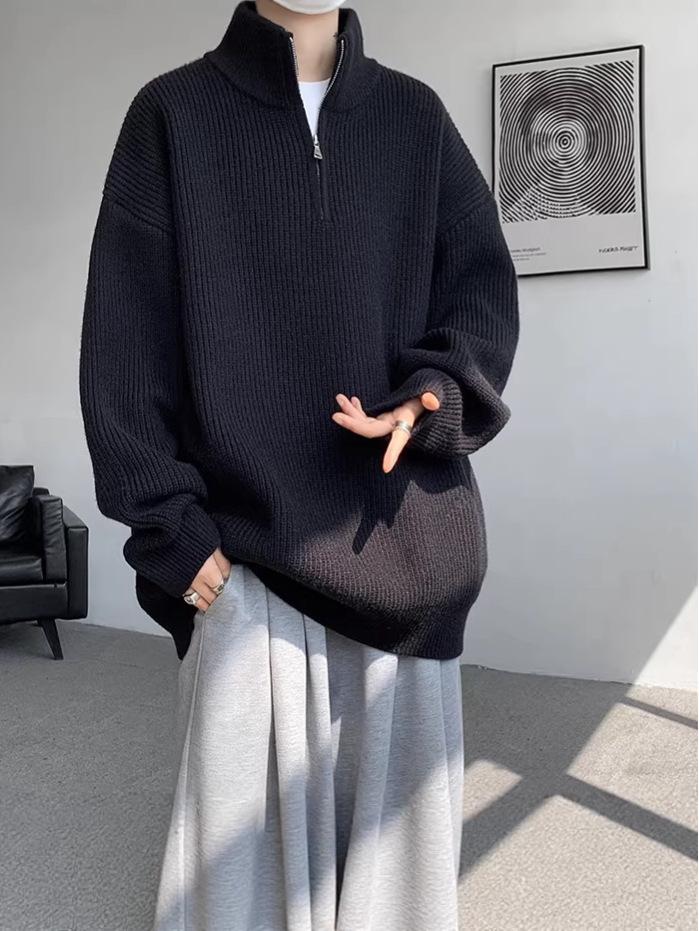Men's Korean Style Loose Lapel Half-Zip Knit Sweater - Solid Color Pullover