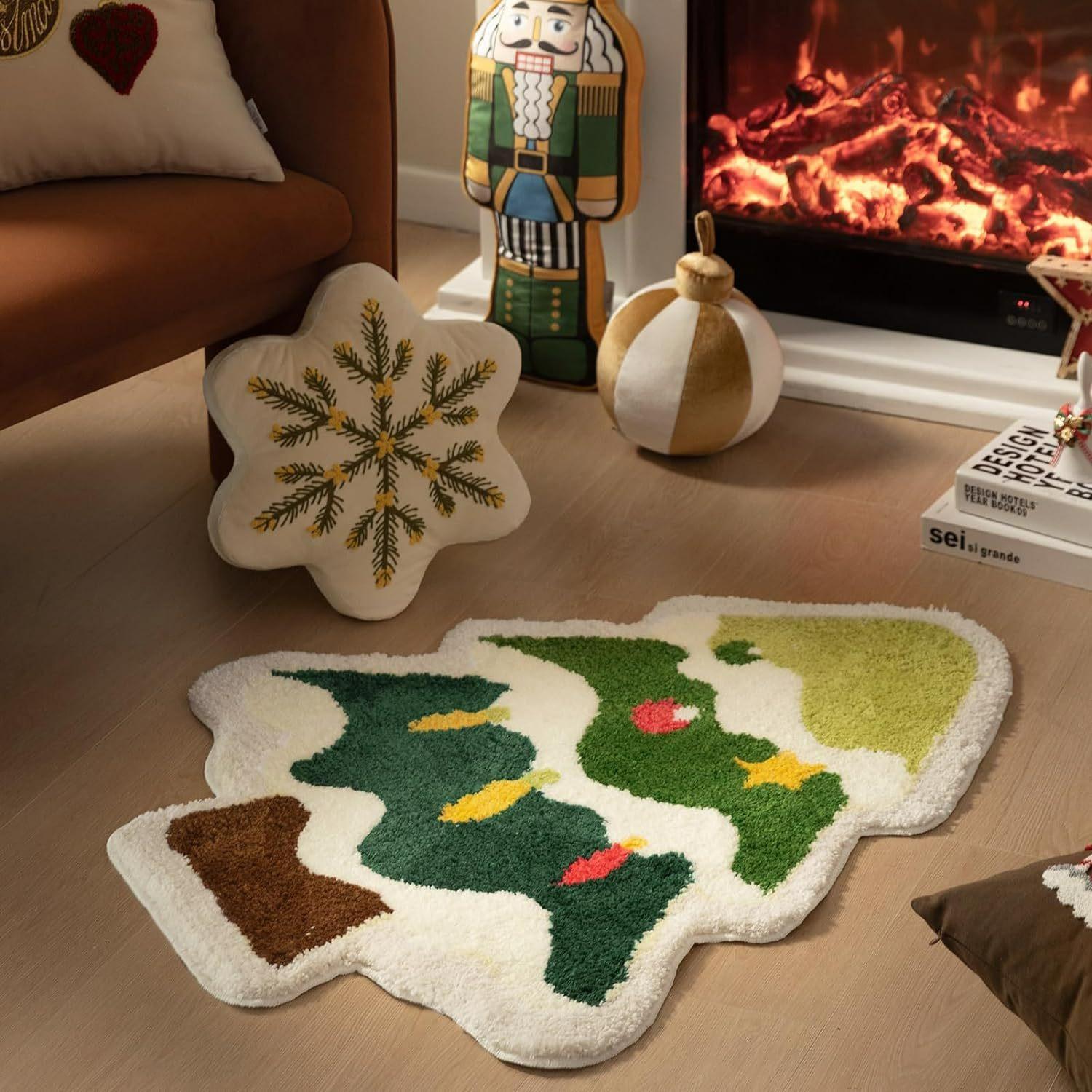 

Cartoon Christmas Tree Carpet Imitation Cashmere Bedside Area Rug for Bedroom Irregular Soft Plush Floor Mat New Year Decoration 40x60cm