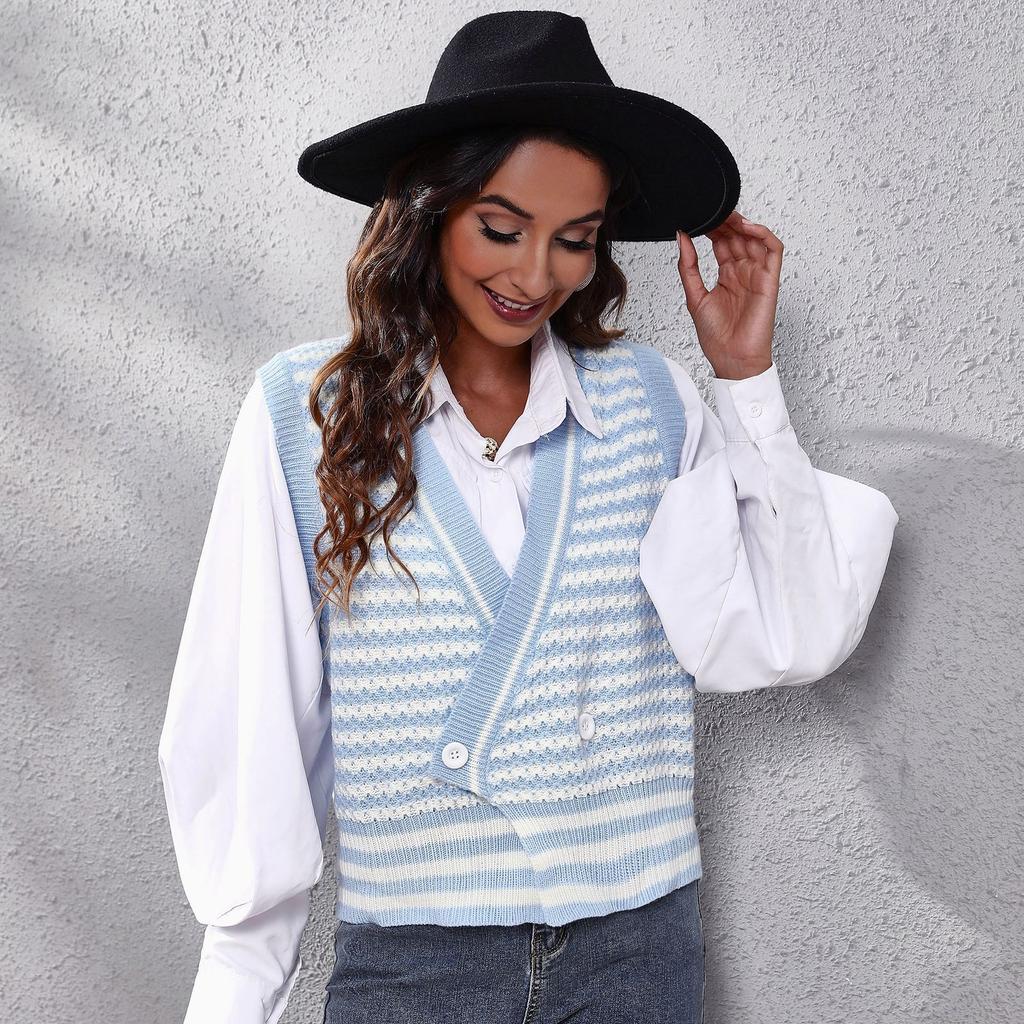 Spring and Autumn Women's Waistcoat Striped Knit Cardigan Sweater Vest