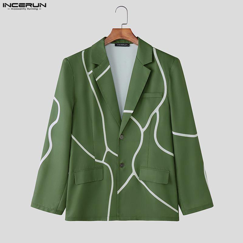 INCERUN Spring Autumn Men Lapel Neck Long Sleeve Button Print Thin Blazer Coats