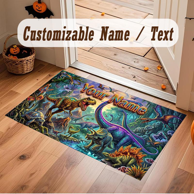 Dinosaur Theme Soft Crystal Velvet Rug Custom Name & Text Print Non Slip Floor Rug for Bedroom Living Room