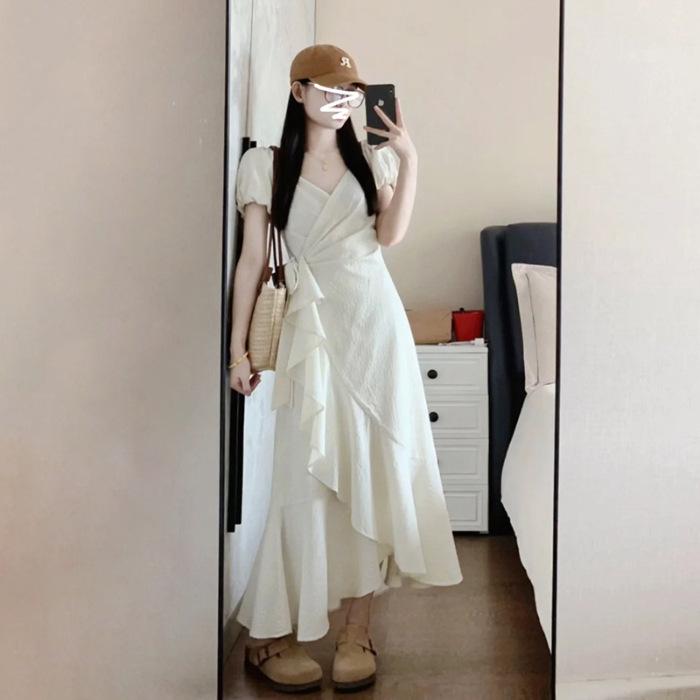 French High-end Ruffle Leaf Edge Bubble Sleeve Dress Women's Summer Design Waist Thin Dress Children