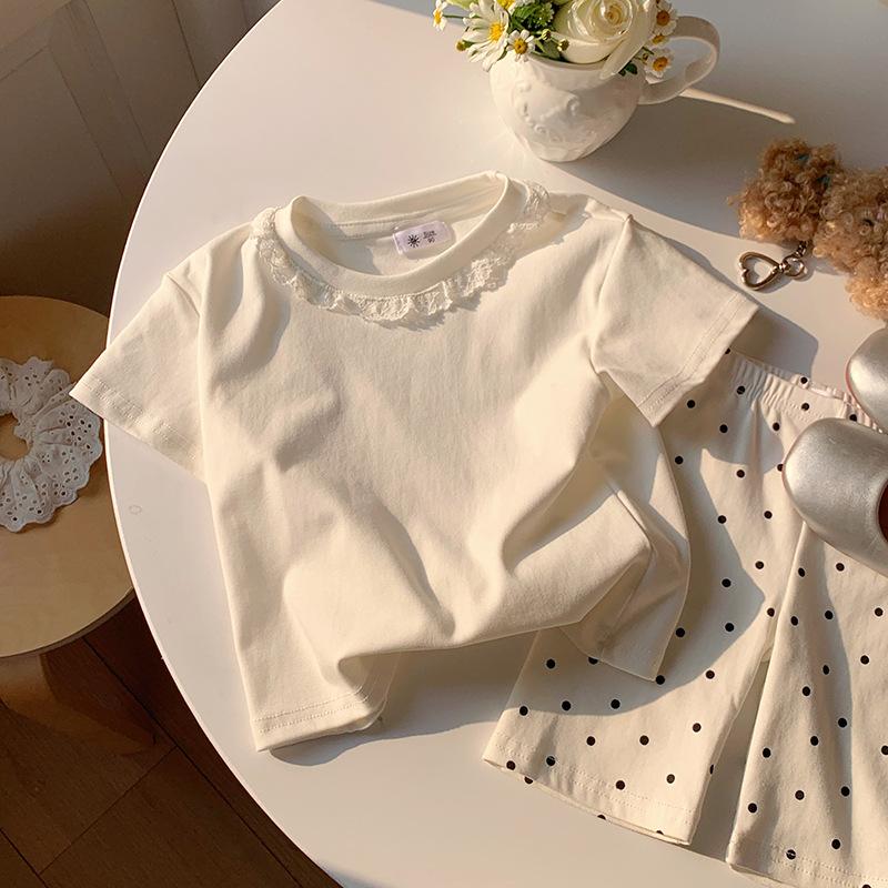 Girls' Casual Lace-edged Short-sleeved T-shirt For Summer, Children's Cute Top