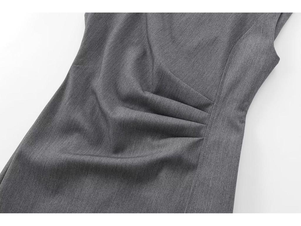 2025 Spring/Autumn Women's Sleeveless Round Neck Midi Dress with Waist Pleats