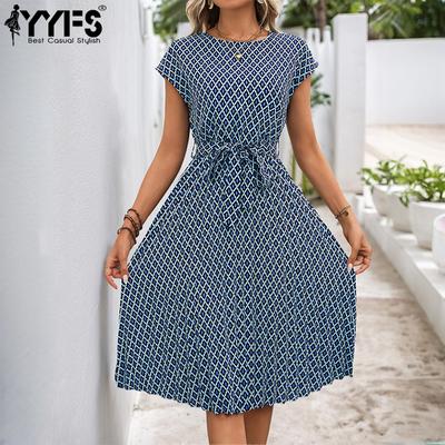 Women's Fashion Summer Spring Rhombus Print Short Sleeve O-Neck High Waist Casual Dresses