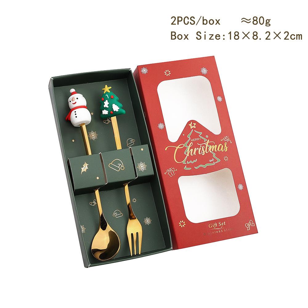 HANYANG juleskjesett julegavebestikk To sett med dessertskjeer og gafler Santa elg dukkeskje