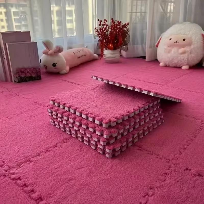 15Pcs Interlocking Fluffy Tiles with Border Square Rug Plush Puzzle Foam Floor Mat for Kids Thick Bedroom Floor Decoration