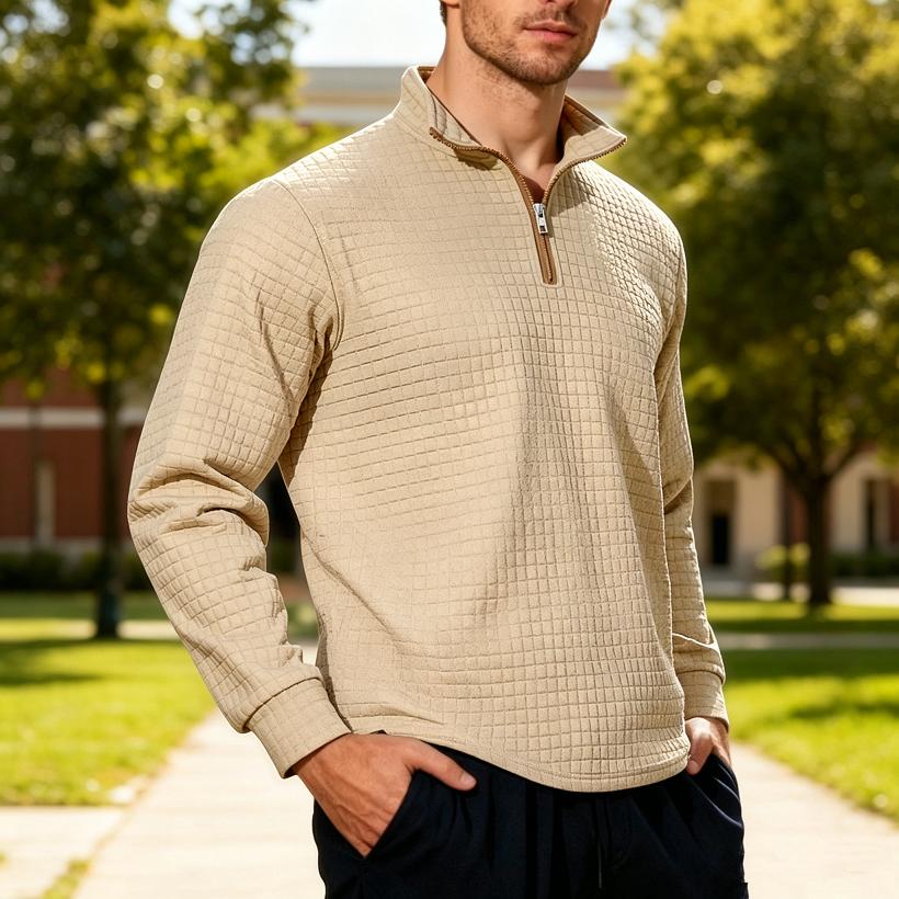 Loose Fit Half Zipper Sweatshirt Men's Autumn Winter American Business Casual Flannel Square Grid Collar Sweater