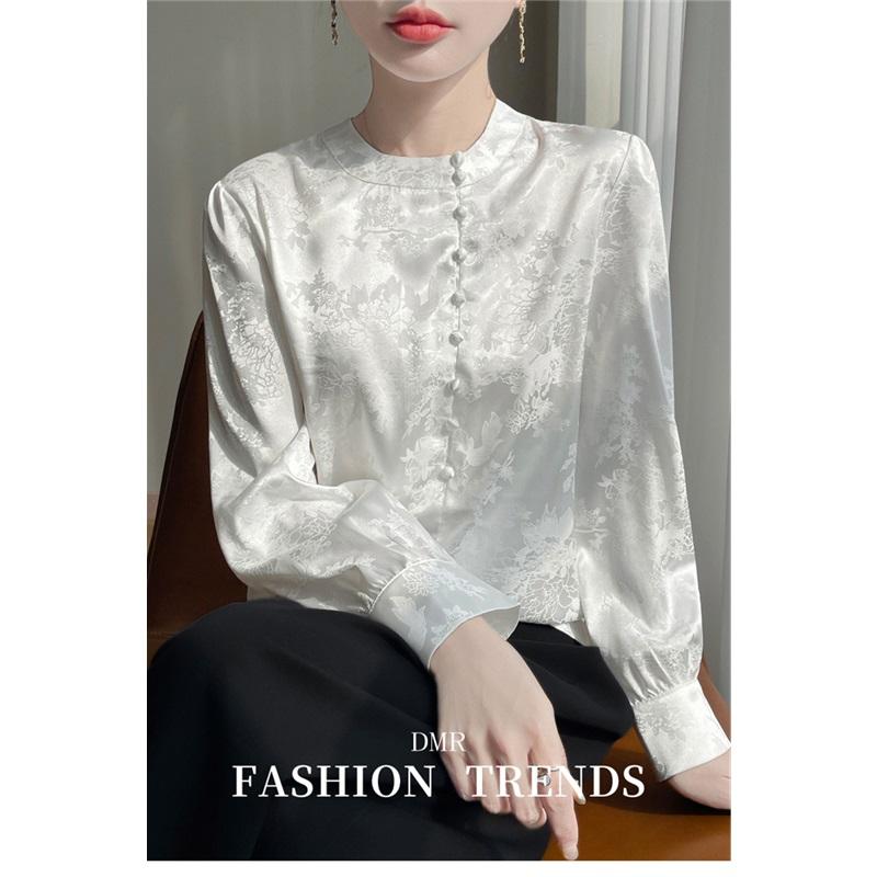 Cămașă din Mătase Jacquard Satin Chinezesc Pentru Femei Primăvară Vară Nouă Top Bluză Elegantă și Confortabilă cu Mânecă Lungă și Gât Rotund