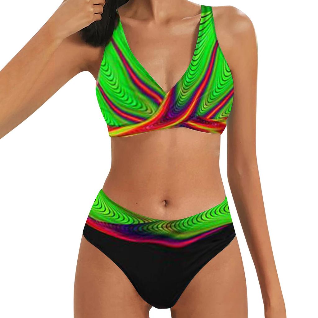 Women'S Swimsuits Tummy Control Sexy High Waist Printed V Neck Color Block Beach Bikini Two Piece Swimwear For Teen Girls