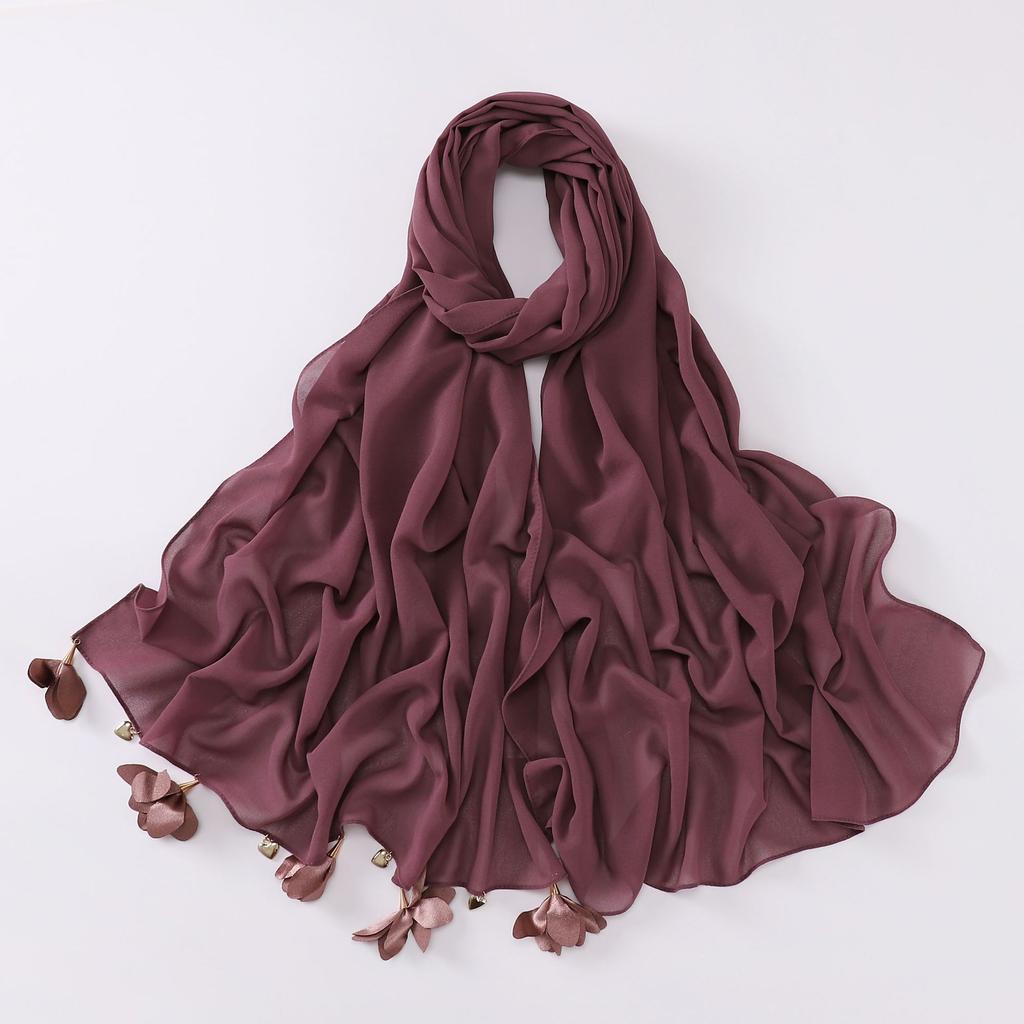 Handmade Alloy Love Flower Chiffon Hijab Beads Scarves Plain Shawls Women Sunscreen Headscarf Head Wrap Hijabs Ramadan Turban