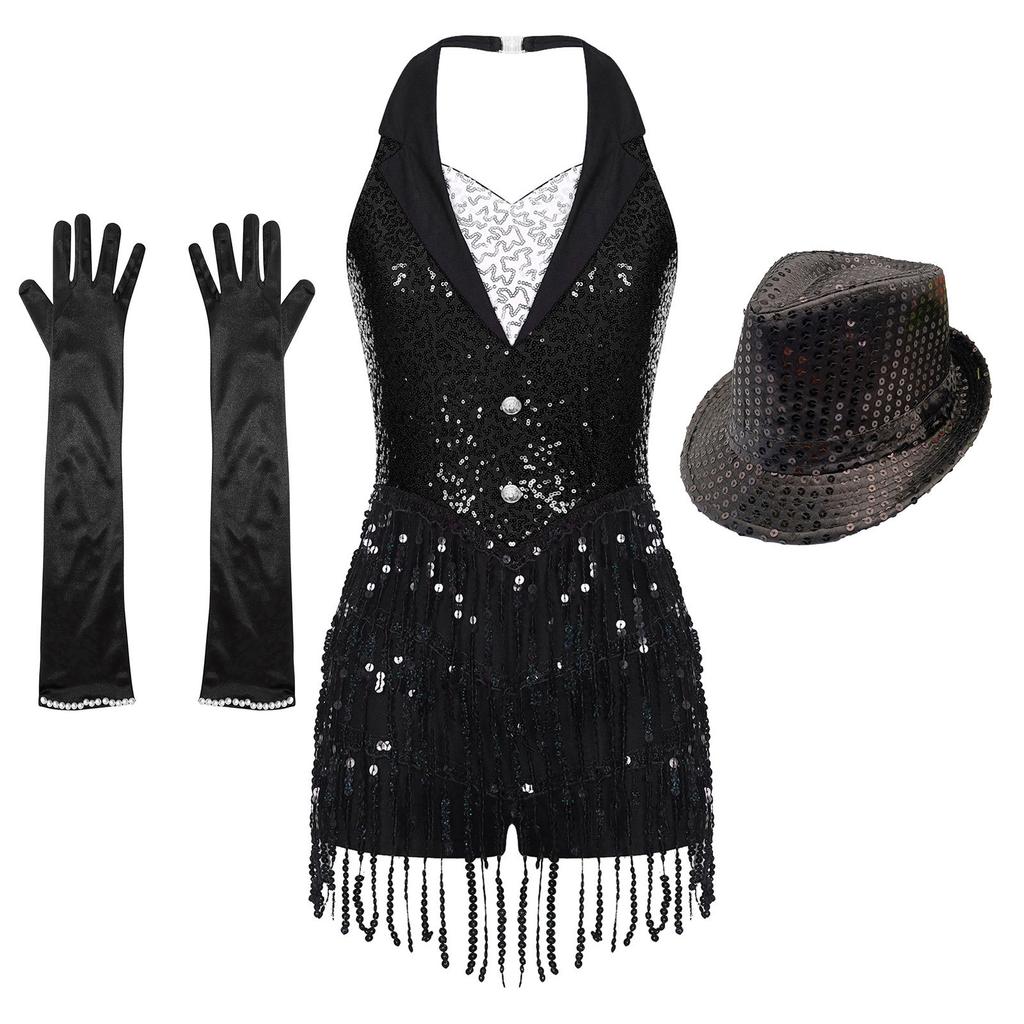 Womens Jazz Dance Outfit Halter Neck Backless Design Sparkly Sequins Fringe Jumpsuit Tassel Leotard