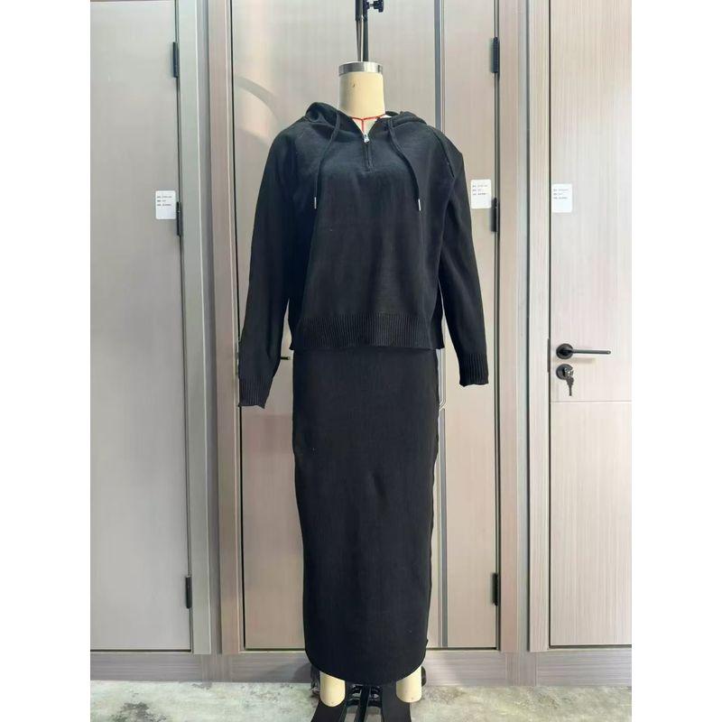 

Модный вязаный свитер с капюшоном и юбка, вязаный комплект с капюшоном и юбкой Black XL