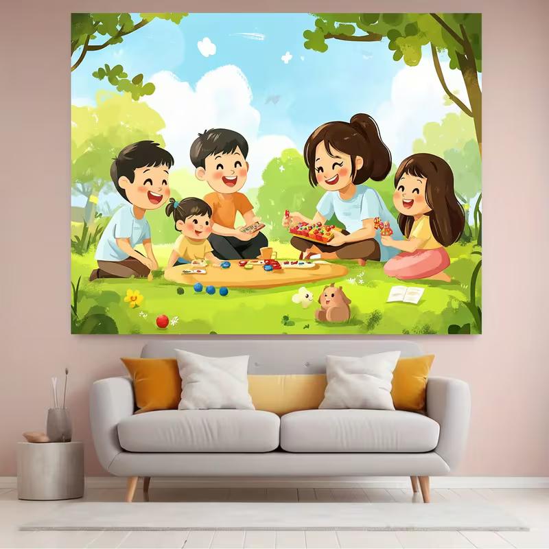 

2D Cartoon Children Playing Tapestry Family Outdoor Activity Background Cloth 47.2x31.5inch/120*80cm