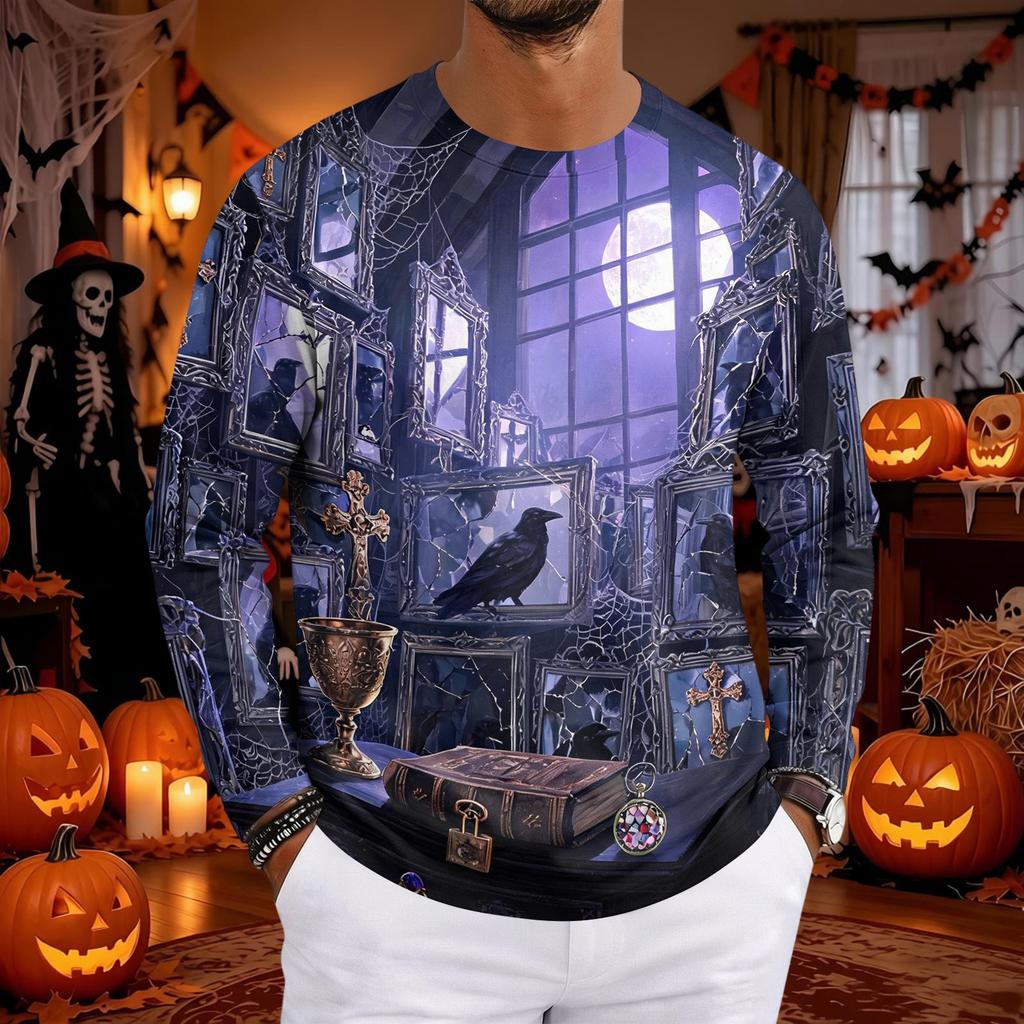 Men's Halloween Print Neck Long Sleeve T-Shirt