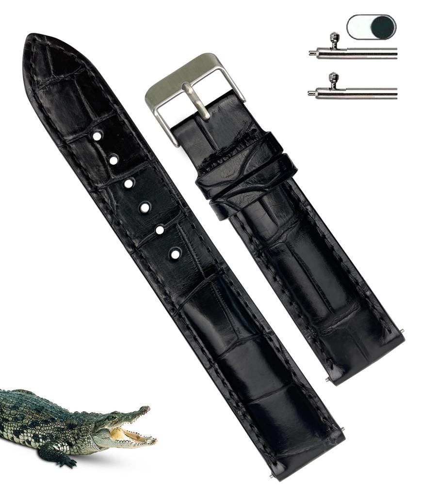 Vinacreations 20mm Black Crocodile Watch Band with Quick Release Spring Alligator Replacement Watch Strap with Wrist Quick Bars, Men's Buckle, Change,
