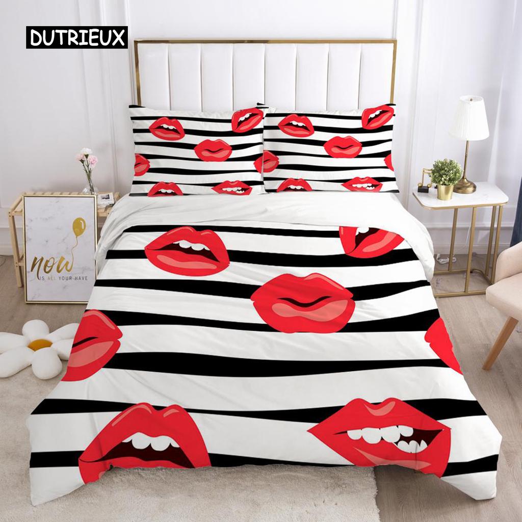 Röda Läppar Påslakanset Queen Polyester Kärlek Twin Sängkläder Sexigt Tema Vuxen Par Täcke Örngott 3D Kyssmärken Quiltöverdrag