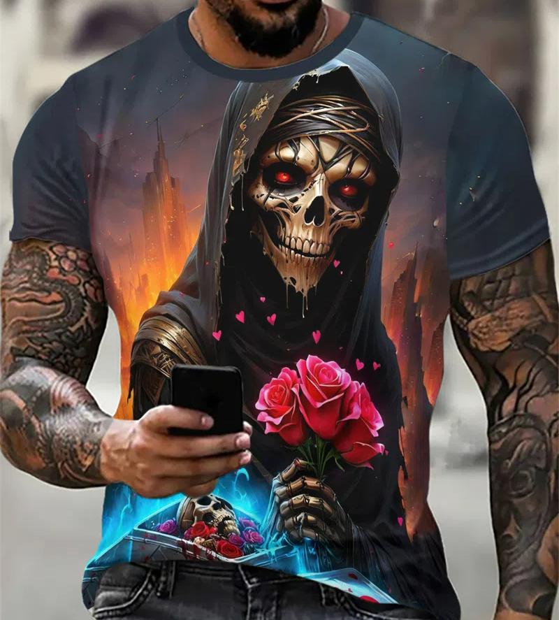 Funny Skulls Pattern Men's Street Hip Hop T-Shirts Short Sleeve Skeleton 3D Printed Horror Style Tee 6XL Plus Size Casual Tops