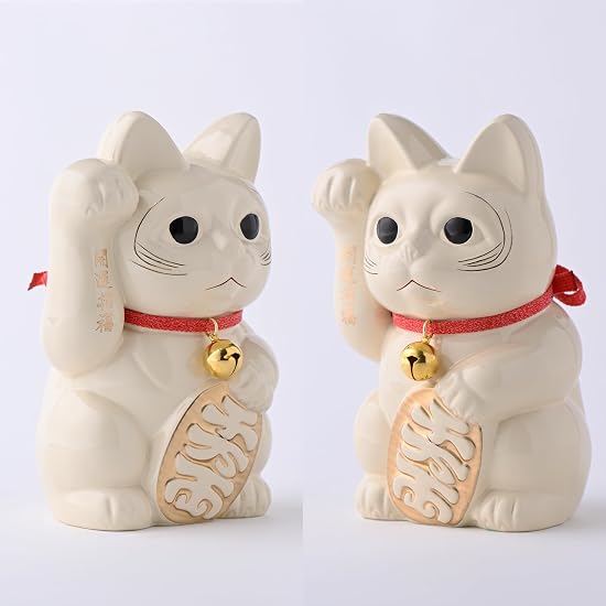 Gingado Maneki Neko (Large Size - 16cm) White Lacquer Finish_Right Hand Raised/Metal_Lucky Cat Manek