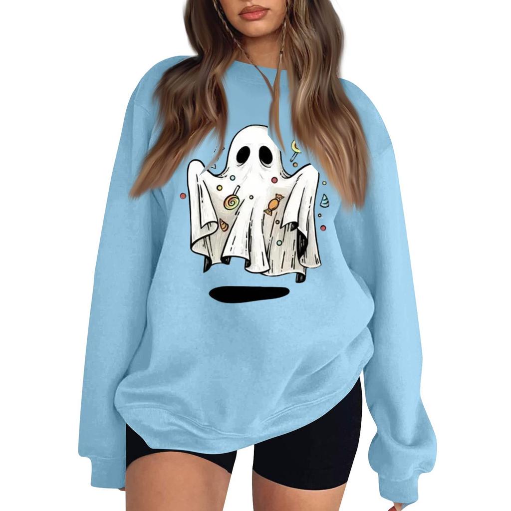 Women's Comfortable Round Neck Long Sleeve Sweatshirt Loose Fit Casual with Color and Halloween Print
