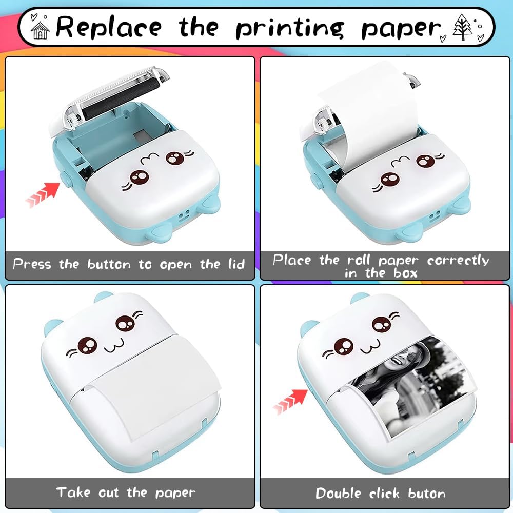 Mini Thermal Printer, Wireless Bluetooth Printer for iOS Android, 13 Roll Printing Paper, Portable Receipt, Inkless Photo Picture QR Code Receipt List