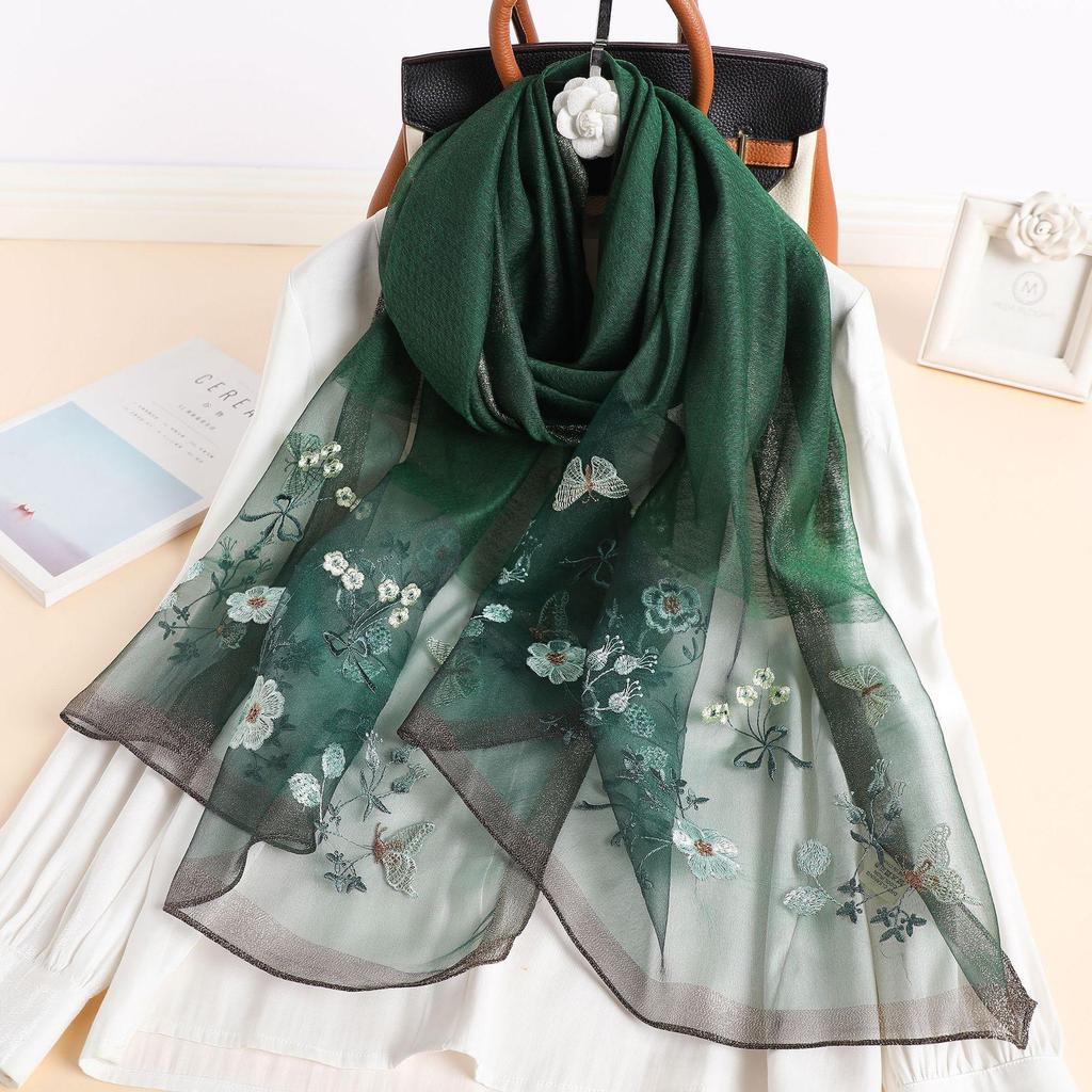Autumn And Winter Simulated Silk Sunscreen Embroidery Long Silk Scarf Temperament Versatile Shawl Warm Embroidery Scarf Women