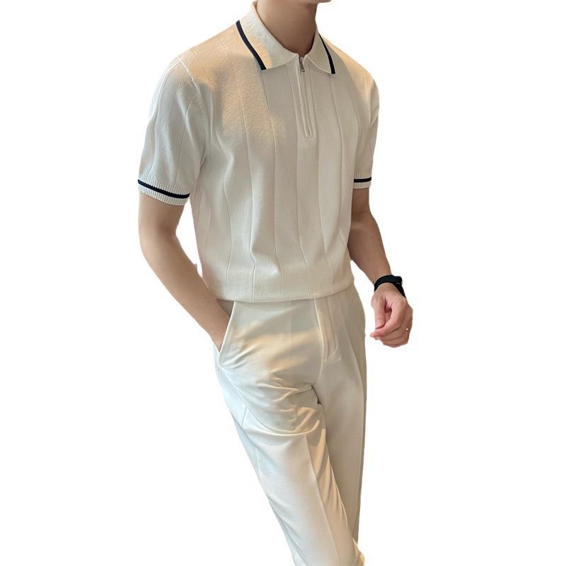 Korean Version Of Casual Semi-Zipper Polo Shirt Men'S Short-Sleeved Slim-Fitting High-End Mature Men'S Lapel Knitted Sweater