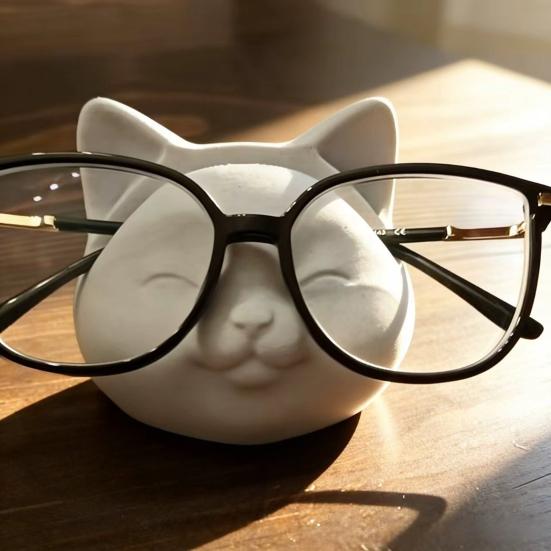 Glasses Holder Stand for Desk Cute Cat Face Eyeglasses Holder Resin Sunglasses Display Rack for Nightstand Home Office Desk Decor